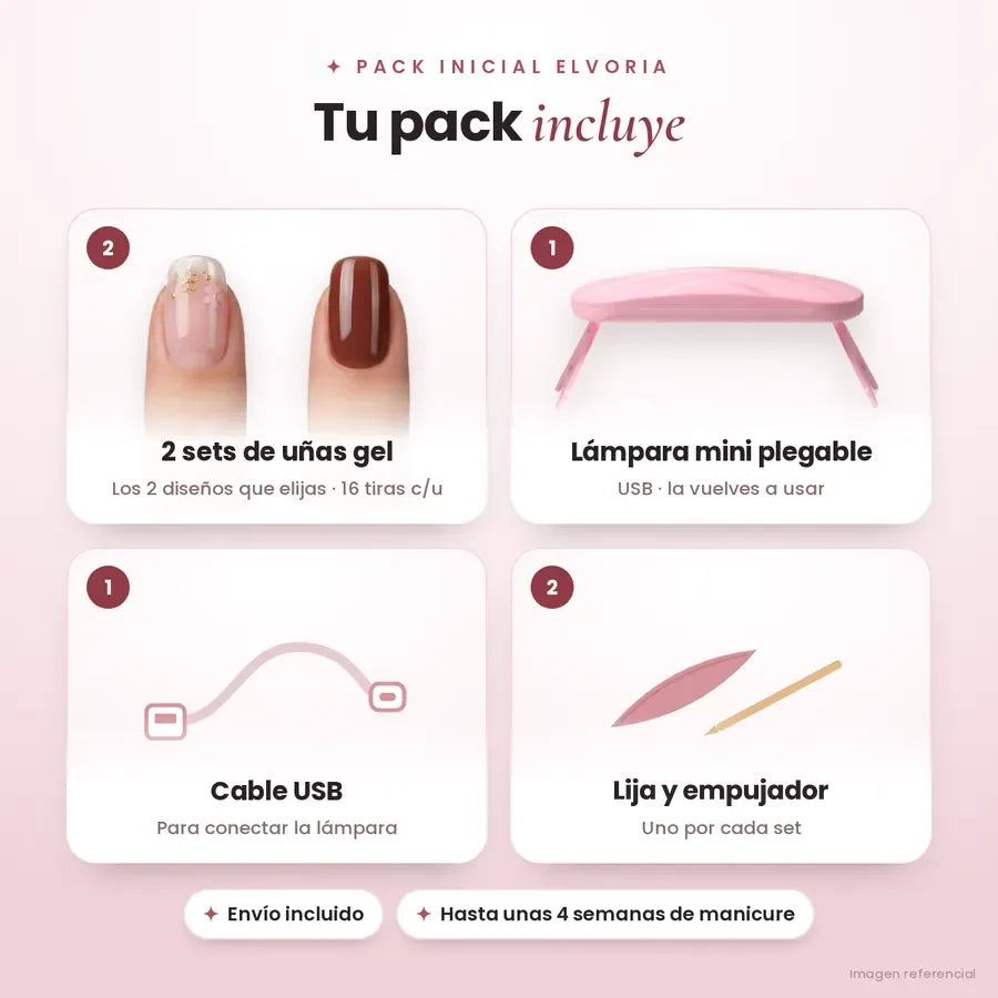Tu Pack Inicial incluye: 2 sets de uñas gel, lámpara mini plegable, cable USB, lija y empujador de cutícula